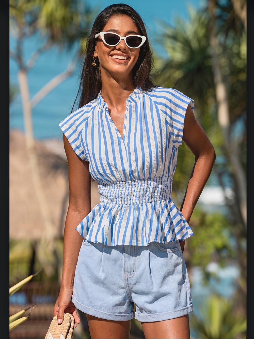 Cupshe Blue and White Striped Smocked Peplum Top NWT